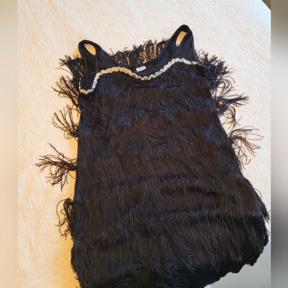 Tiered Fringe fancy scoop neck Dress Can Be Flapper Or Western, Black Sz Large - Picture 5 of 7
